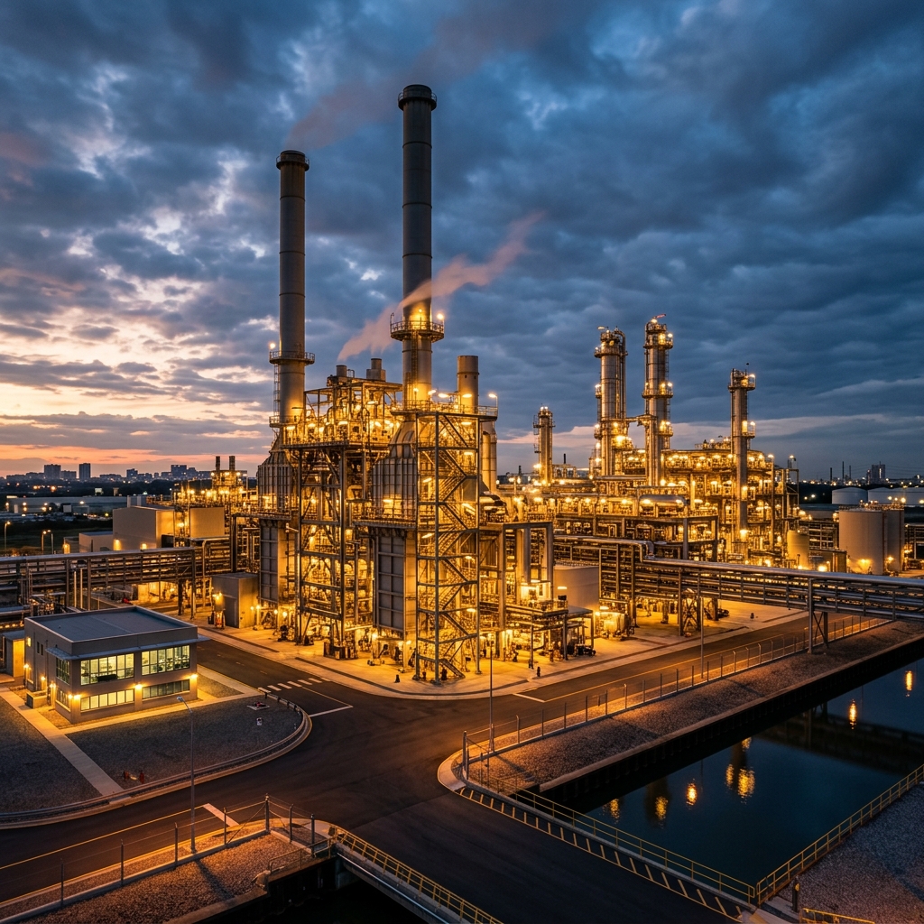 Industrial facility at twilight representing AiPermit's target environment